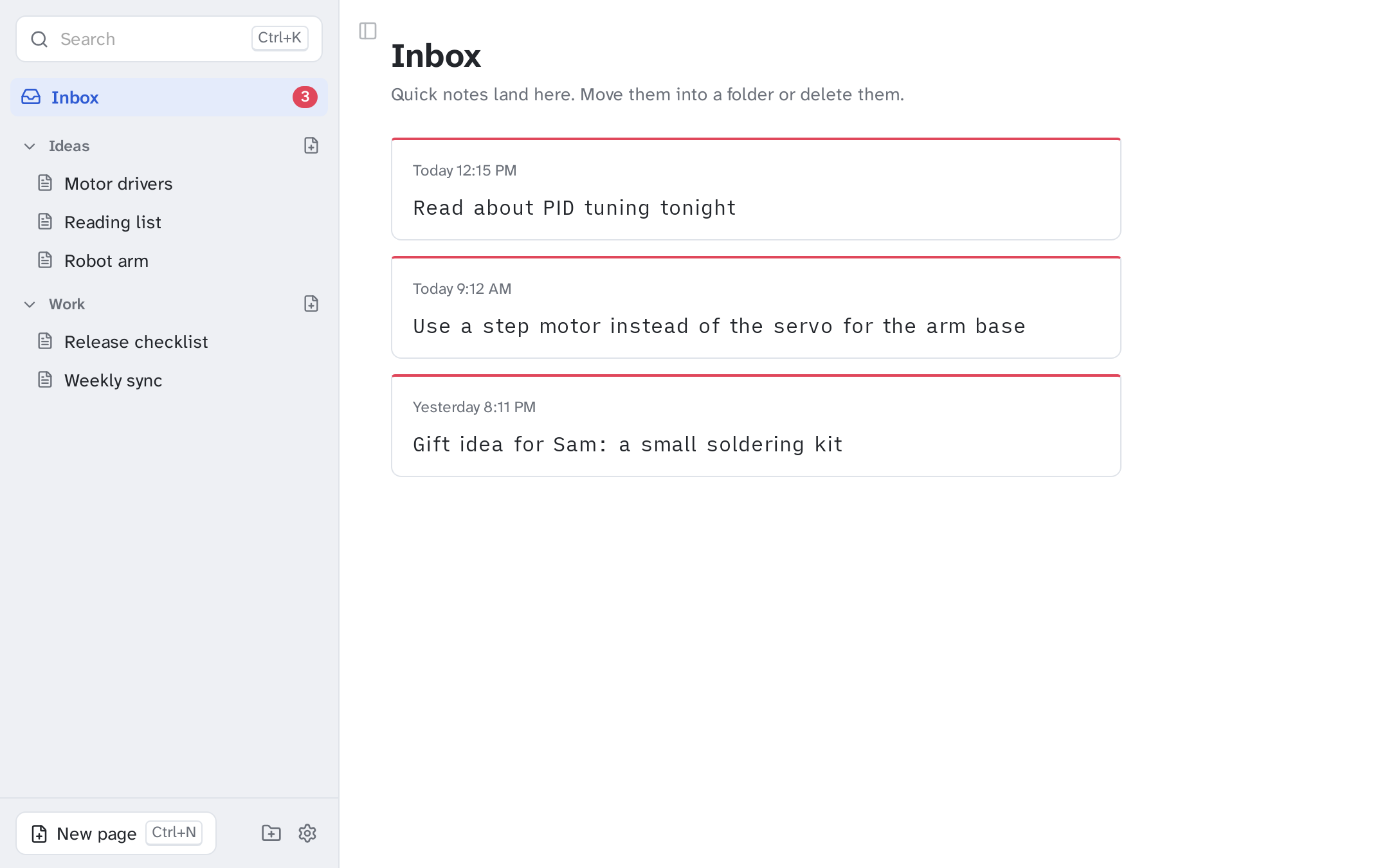 The notebook's Inbox: three quick notes as cards with red top rules, folders Ideas and Work in the sidebar