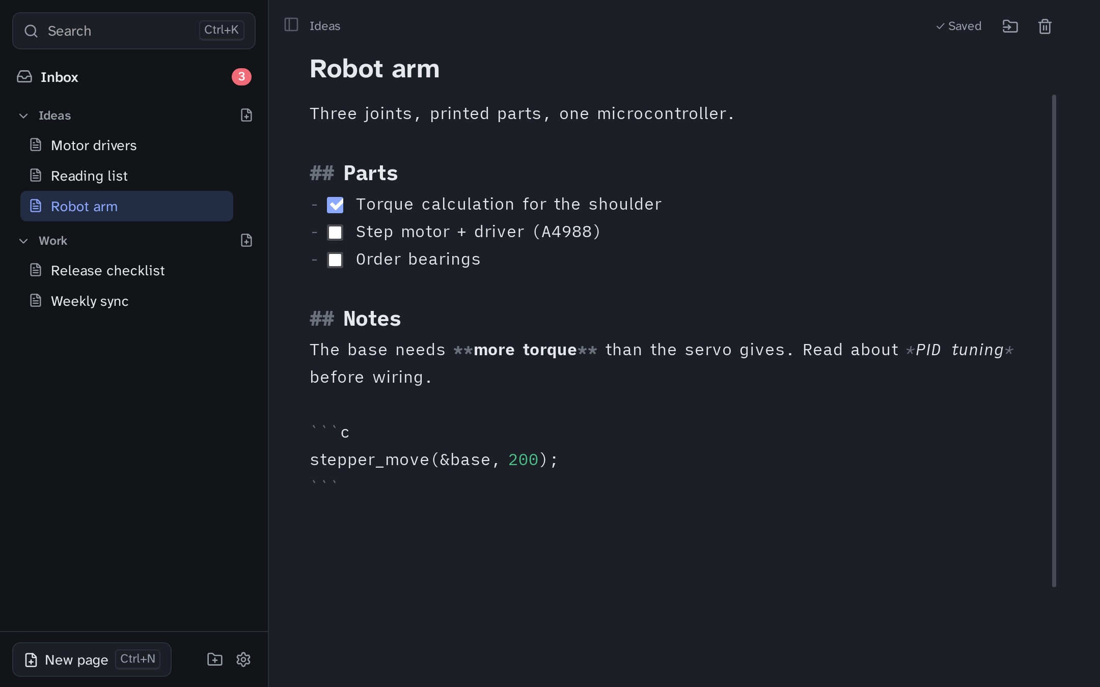 The notebook in dark mode with the Robot arm page open