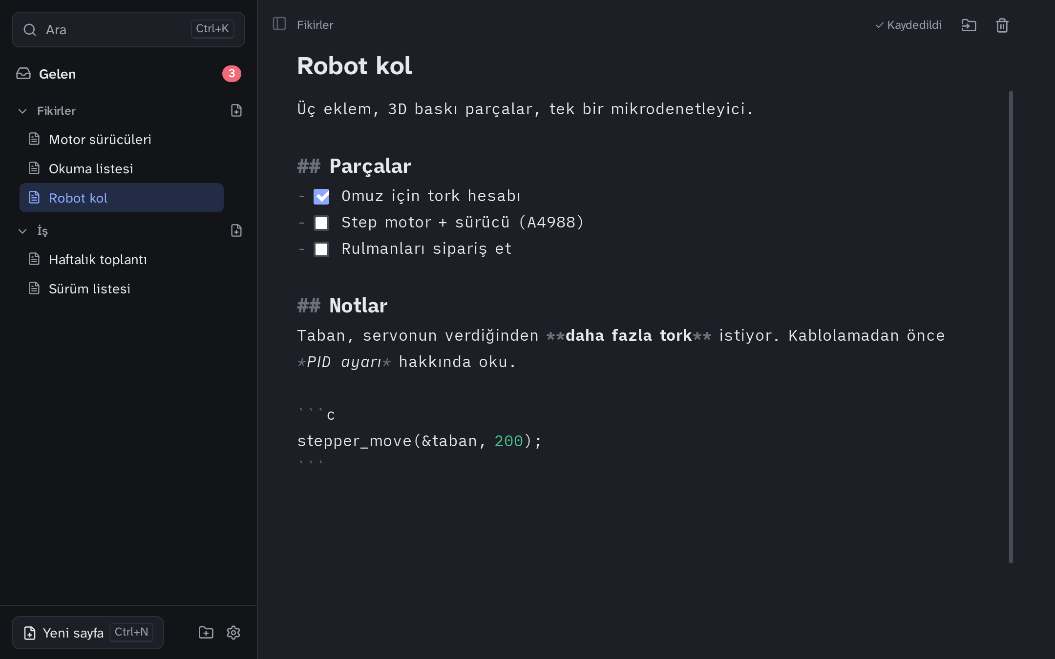Koyu modda defter, Robot kol sayfası açık