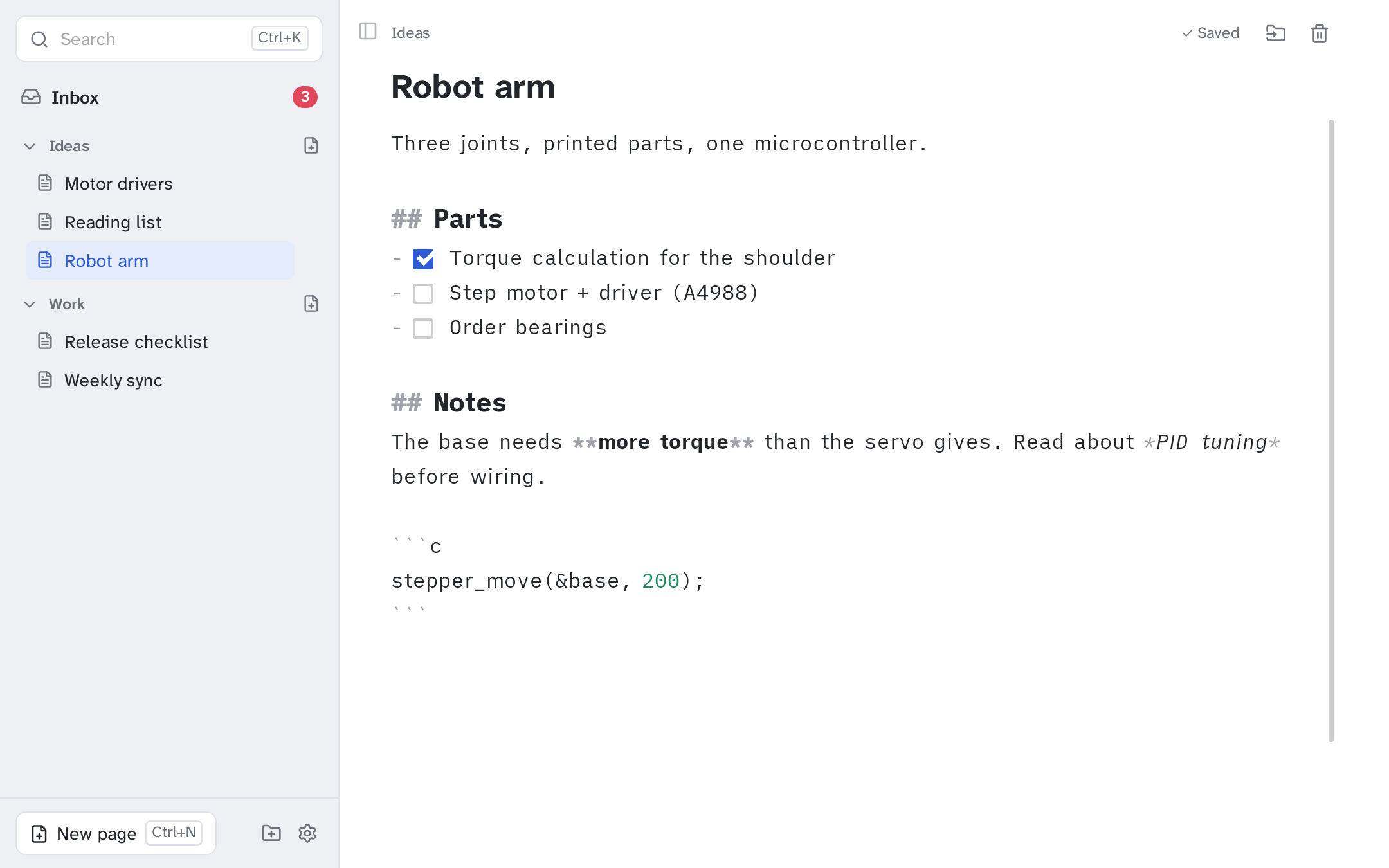 The notebook with the folders Ideas and Work in the sidebar and the page Robot arm open, showing headings, checkboxes and a code block