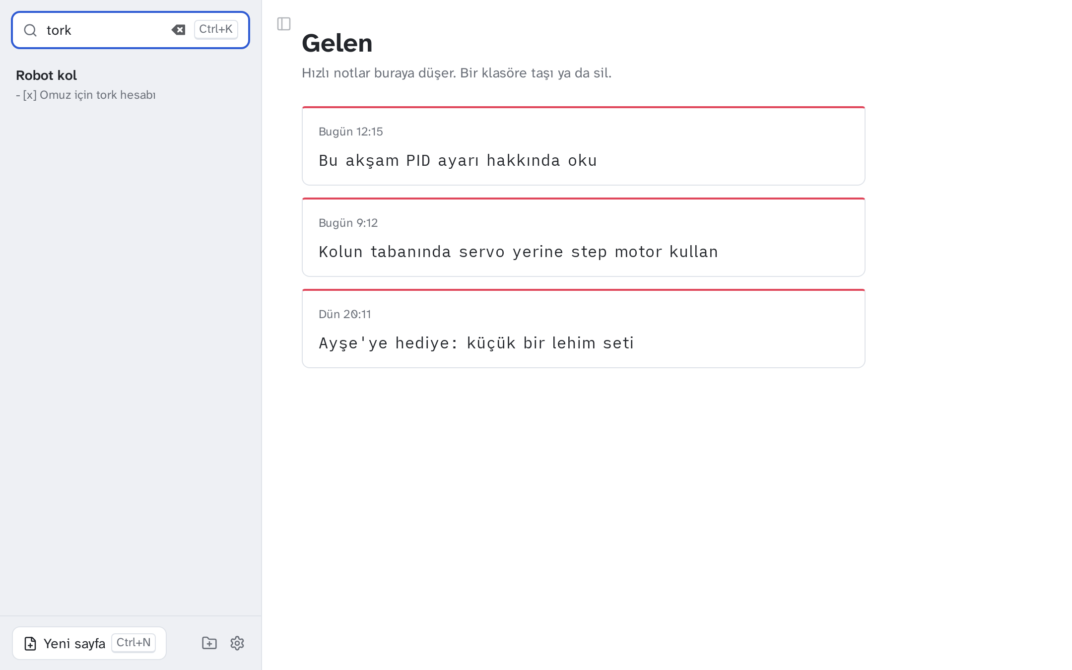 Kenar çubuğunda “tork” araması; sonuç Robot kol ve altında eşleşen satır